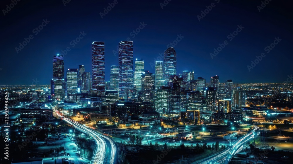 Fototapeta premium Night cityscape, highway, urban sprawl, Texas, USA; website banner