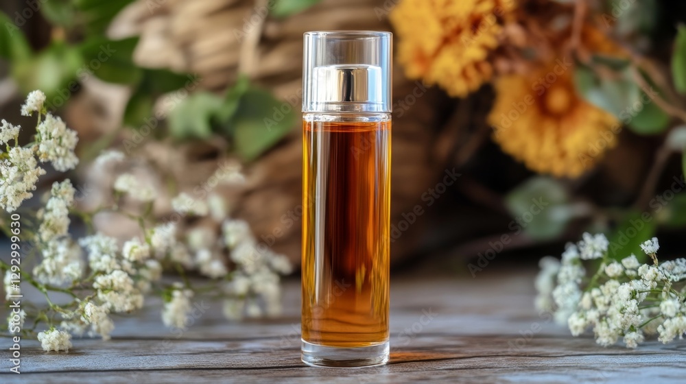 Elegant Luxury Glass Bottle with Golden Liquid and Floral Background Elegant Luxury Glass Bottle with Golden Liquid and Floral Background