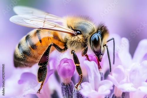 Honeybee on lavender flower, close-up, vibrant colors, blurred background
