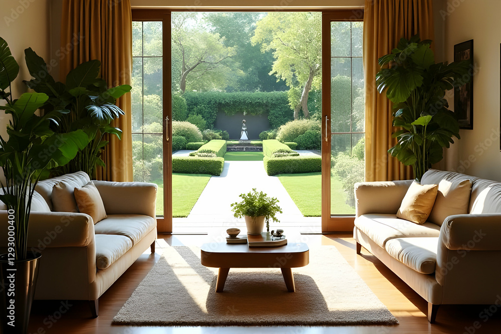 Fototapeta premium Bright and Airy Living Room with Modern Furniture Overlooking a Lush Garden through Large Glass Doors