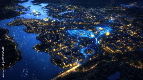 Night aerial view of illuminated city by lake
