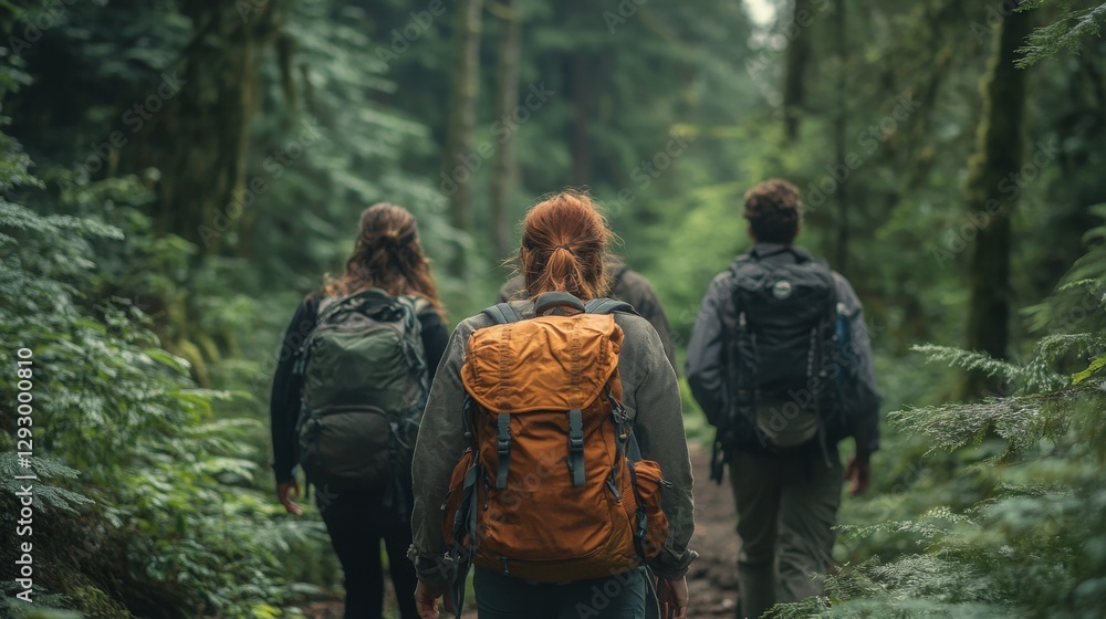 A group of eco-tourists hiking through a pristine forest trail, their backpacks and eco-friendly gear showcasing a responsible approach to outdoor adventures A group of eco-tourists hiking through a pristine forest trail, their backpacks and eco-friendly gear showcasing a responsible approach to outdoor adventures