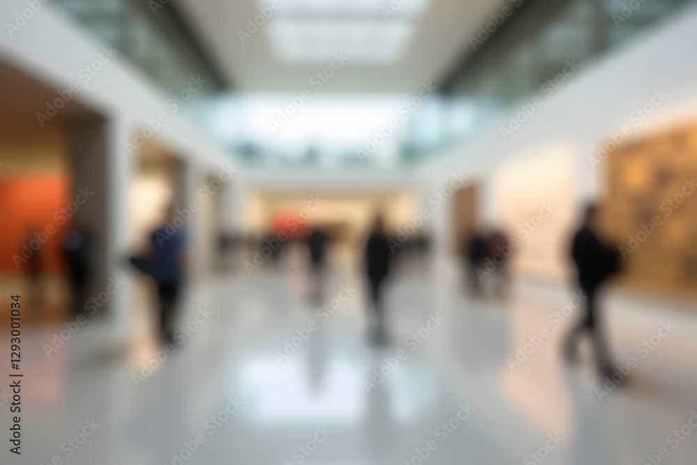 Dynamic Blur of People Observing Art in a Contemporary Gallery with Modern Architecture and Bright White Space