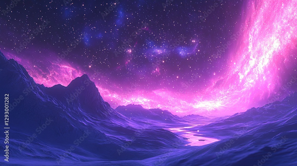 Obraz premium Expansive galaxy scene with nebula in shades of pink and violet, stars twinkling in the background 