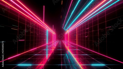 Cyberpunk Neon Grid on Black 80s Digital Abstract
