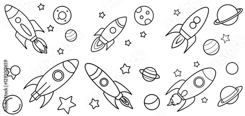 Obraz na płótnie Rocket and planets Outline Coloring Page Printable Line Art Drawing