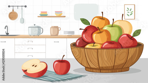 Apples in wicker basket on table in kitchen vector design, Red Apple Illustration vector design