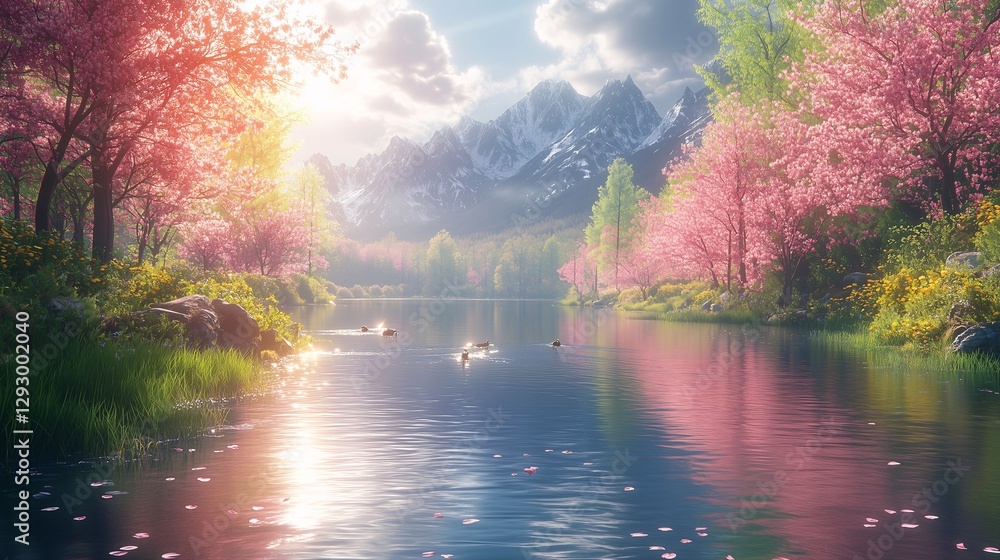 Naklejka premium Ducks swimming in a crystal clear mountain river during spring equinox. Generative ai ilustration