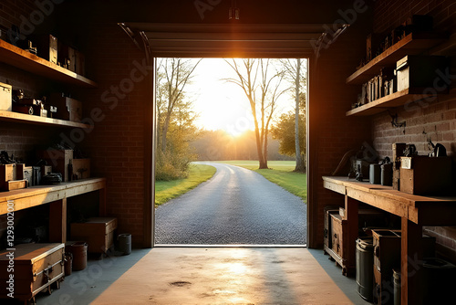 Sunlight Streaming Through an Open Garage Door at Sunrise with a Scenic Pathway and Trees in the Background