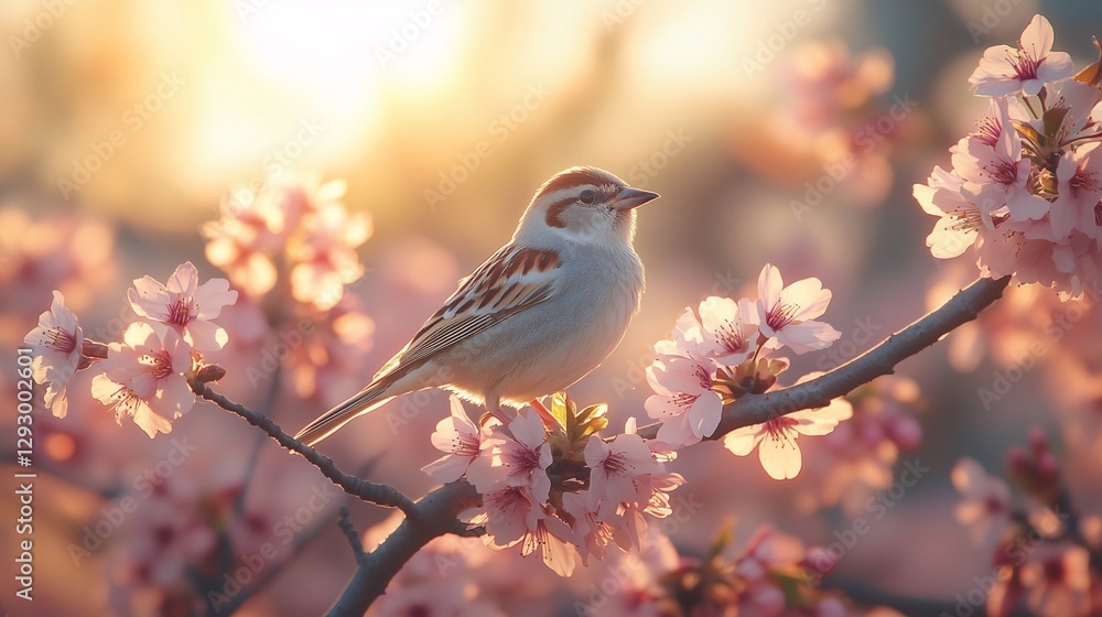 Fototapeta premium Sparrow enjoying spring equinox on blooming cherry tree branch. Generative ai ilustration