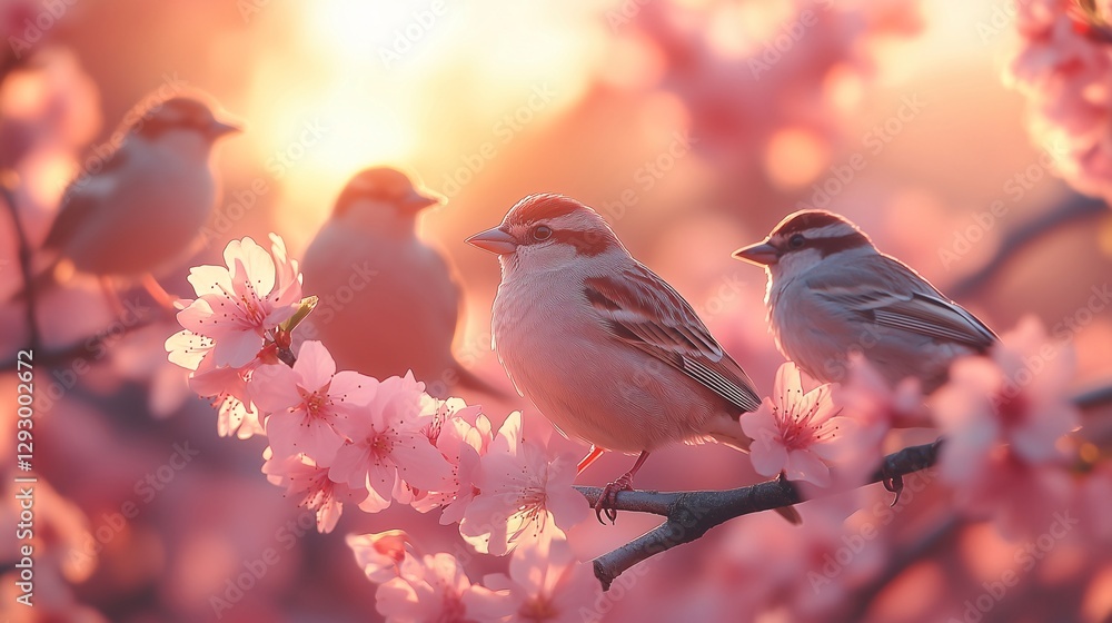 Fototapeta premium Sparrows enjoying cherry blossoms in spring sunlight. Generative ai ilustration