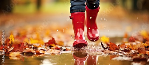 Wallpaper Mural Child's legs in vibrant red rubber boots jumping in autumn puddles surrounded by fallen orange and yellow leaves, with water splashing upward. Torontodigital.ca