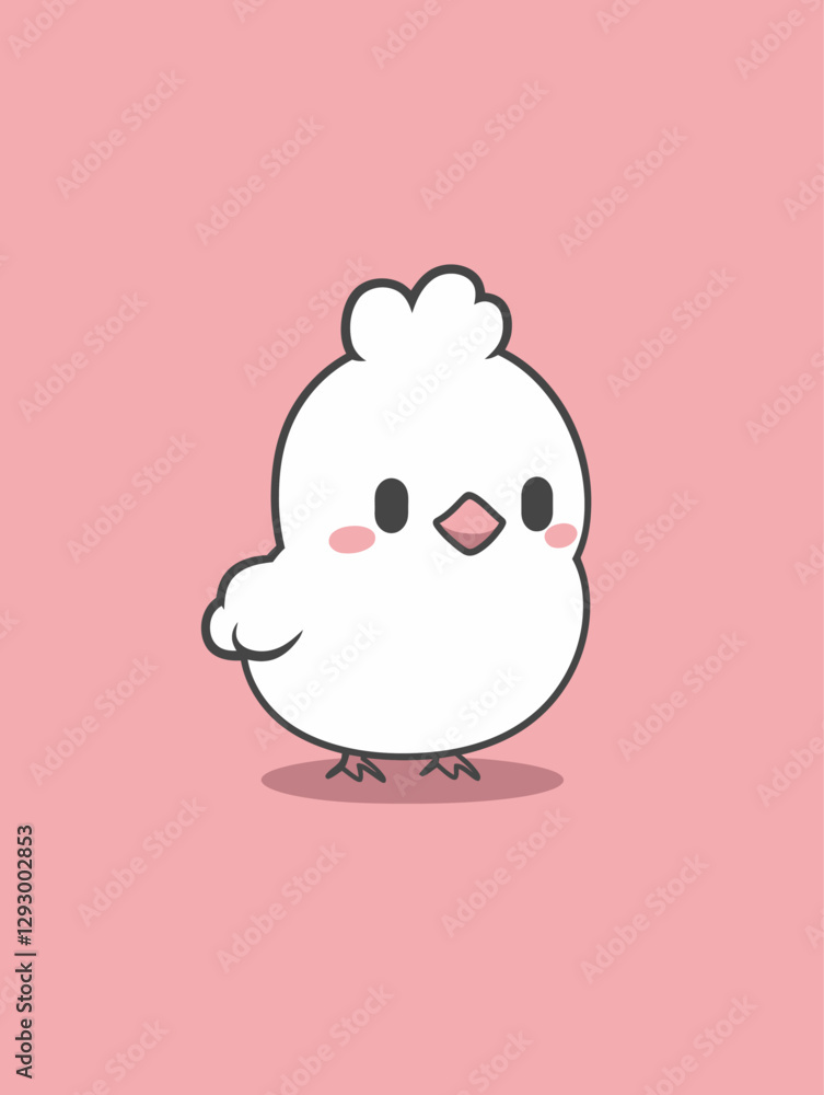 Naklejka premium Cute Minimalist Cartoon Chicken Illustration on Pastel Pink Background - Kawaii Flat Design