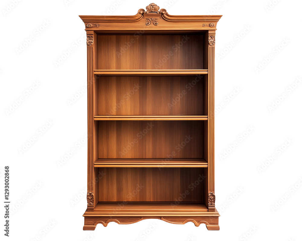 A tall wooden bookshelf with five shelves, crafted in a vintage style with intricate details, A tall wooden bookshelf with five shelves, crafted in a vintage style with intricate details,