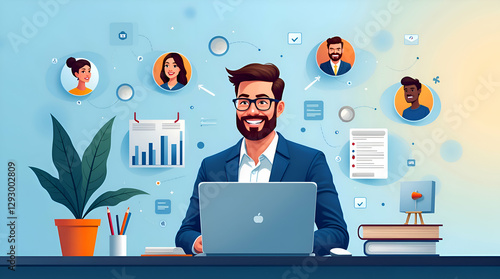 Remote Team Management, Business Communication, and Virtual Collaboration Concept with Professional Working on Laptop, Networking, and Digital Connections