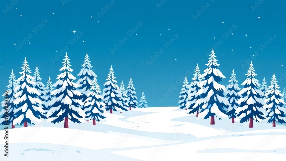 Obraz premium Enchanting Winter Wonderland with Snow-Covered Pine Trees, Crisp Icy Textures, and Soft Blue Hues in Flat Design