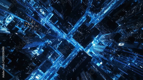 Wallpaper Mural Night city aerial view, intersecting roads, glowing lights, urban landscape, tech background Torontodigital.ca