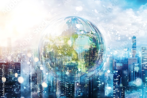 Transparent Earth globe over cityscape, futuristic urban setting