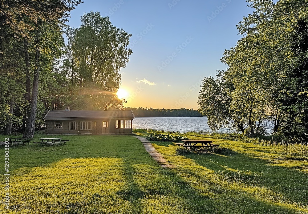 Fototapeta premium Lakeside Sunset Haven: Golden Light on the Woodland Cottage