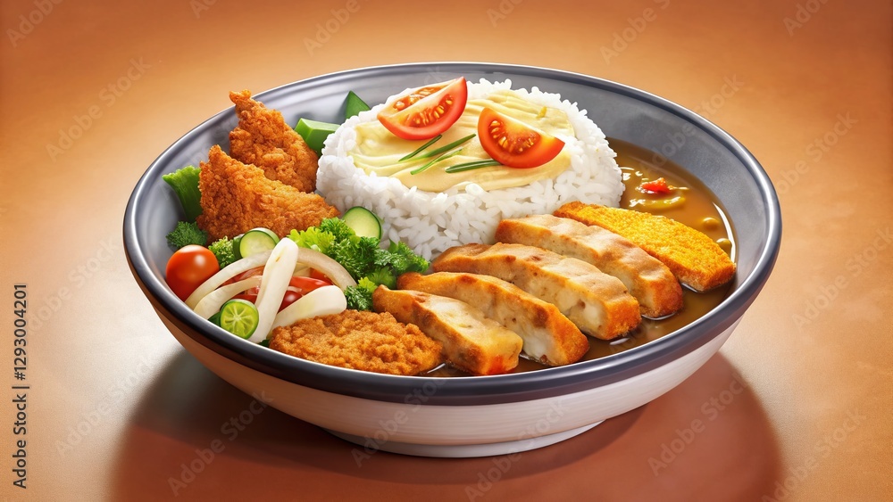 Delicious Japanese Katsu Curry Bowl with Chicken, Rice & Vegetables Delicious Japanese Katsu Curry Bowl with Chicken, Rice & Vegetables