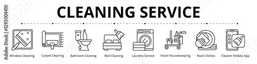 Cleaning Service Line Banner Web Icon Set Vector Illustration, Window Cleaning Carpet Bathroom Bed Laundry Service Hotel Housekeeping Wash Dishes Cleaner Mobile App