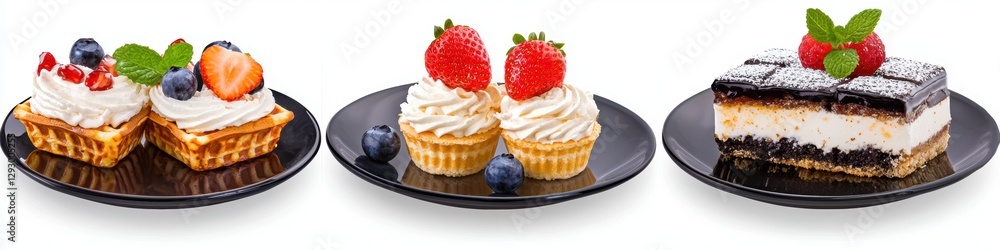 Delicious assorted desserts including mini cakes, cupcakes, toppings with strawberries and blueberries on black plates Delicious assorted desserts including mini cakes, cupcakes, toppings with strawberries and blueberries on black plates