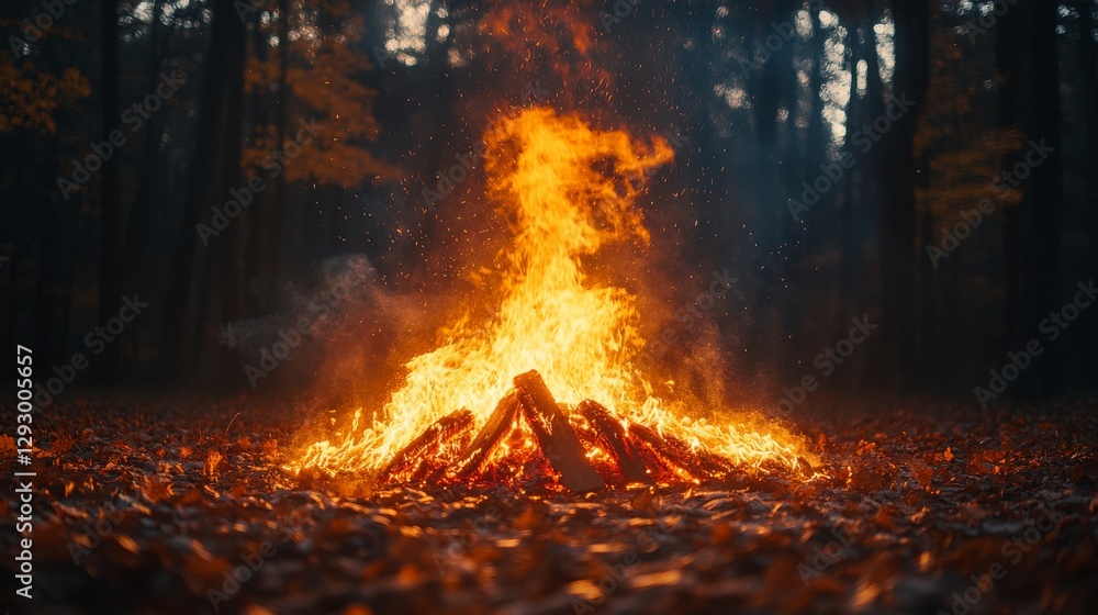 Campfire with vibrant flames in an autumn forest during twilight, surrounded by fallen leaves. Tranquil outdoor retreat and wilderness adventure concept Campfire with vibrant flames in an autumn forest during twilight, surrounded by fallen leaves. Tranquil outdoor retreat and wilderness adventure concept
