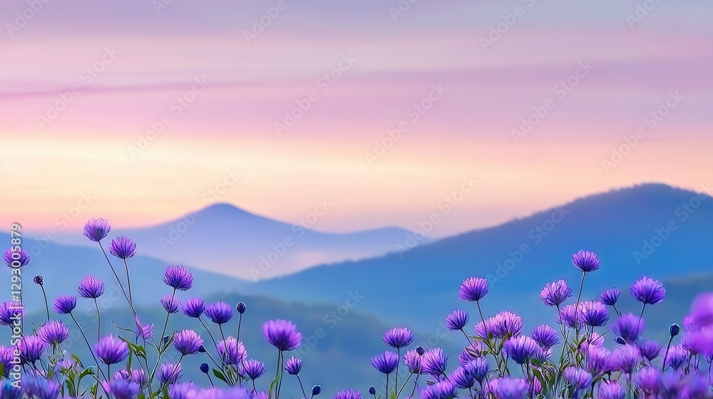 Obraz premium A field of purple flowers in front of a majestic mountain range with a stunning pink-blue sky as the backdrop