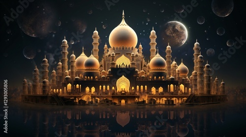 Illustrate the magnificent architectural design of a Muslim mosque during Ramadan
