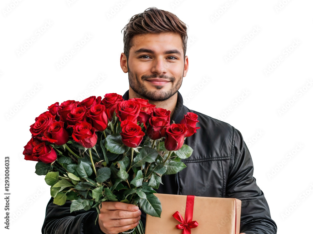 png, transparent background, isolated handsome and romantic young man delivering a bouquet of red roses and a gift png, transparent background, isolated handsome and romantic young man delivering a bouquet of red roses and a gift