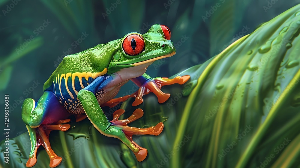 Vibrant Green Frog with Red Eyes Posing on a Leaf in Lush Tropical Environment Vibrant Green Frog with Red Eyes Posing on a Leaf in Lush Tropical Environment