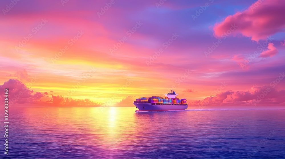 Naklejka premium A tranquil sunset over calm waters, featuring a ship silhouetted against vibrant pink and orange hues, creating a serene and picturesque scene.cargo management warehouse scheduling