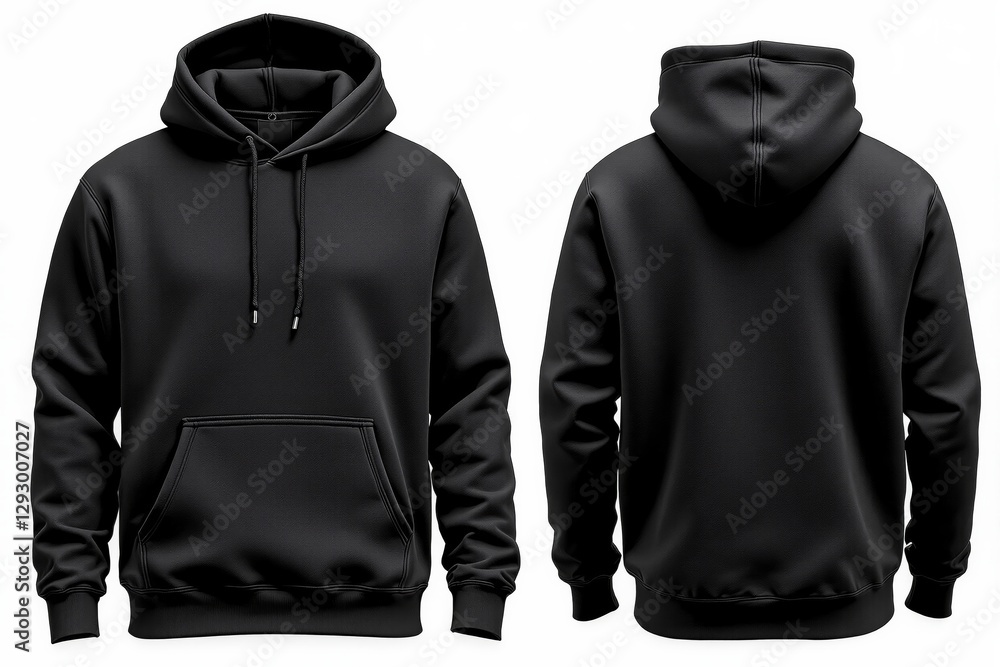 Black hoodie front and back view on white background. Black hoodie front and back view on white background.
