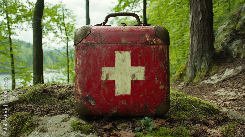 Fototapeta premium vintage red first aid kit rests on mossy rock in lush forest