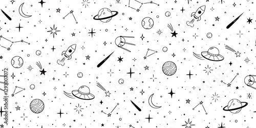 Space star galaxy vector seamless pattern. Hand drawn doodle sketch line style galaxy planet star, rocket, moon cute sky background. Space planet kid doodle universe pattern. Vector illustration