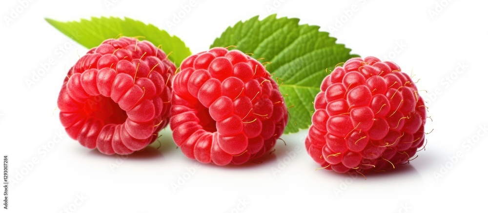 Fresh raspberries clustered in vibrant red hues on a pristine white background, accompanied by green leaves on the left for added contrast.