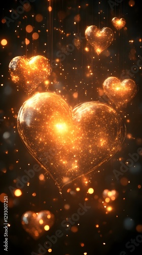 Golden hearts float in a sparkling night
