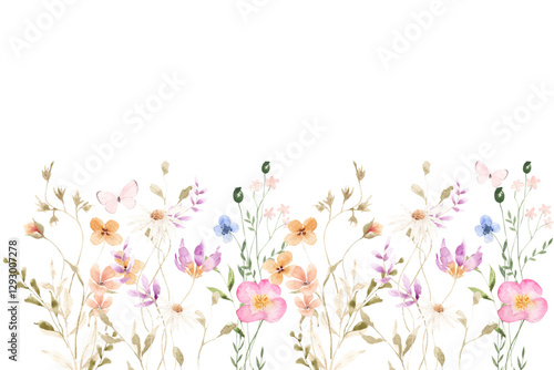 Watercolor flowers background for design. Floral border frame card template.