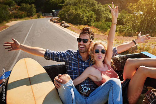 Canvas Print Freedom, travel and happy couple on road trip for vacation, tongue out or funny face outdoor