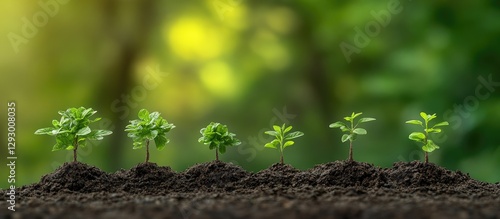 Wallpaper Mural Growth and investment concept featuring a series of green plants in soil, arranged left to right, set against a blurred nature background with soft bokeh. Torontodigital.ca