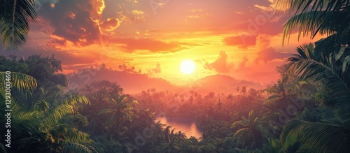 Fototapeta Naklejka Na Ścianę i Meble -  Vibrant sunset casts warm orange and pink hues over lush green tropical forest with silhouettes of mountains in the distance creating a serene landscape