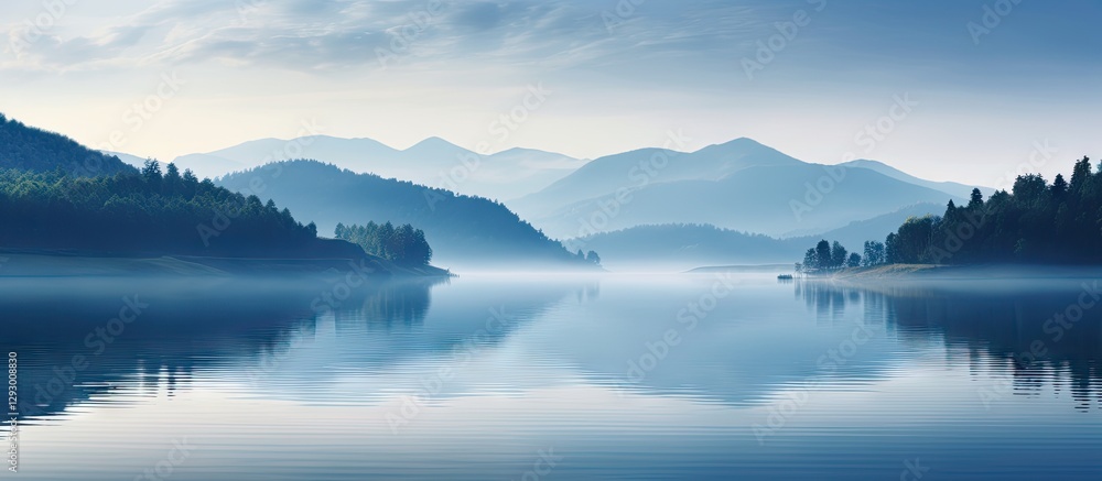 Obraz premium Serene morning landscape of Darma Reservoir, featuring soft blue hues, misty reflections on calm water, with gentle mountains in the background.