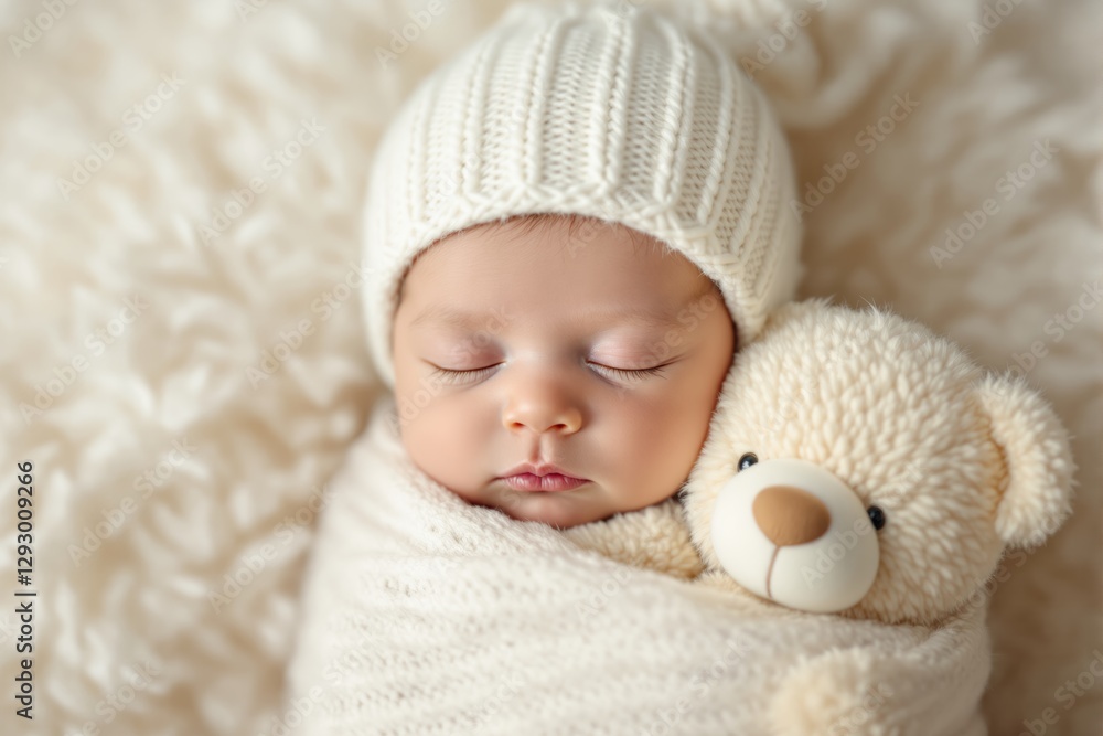 Newborn baby in knitted hat with teddy bear. Newborn baby in knitted hat with teddy bear.