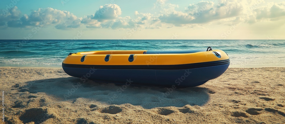 Fototapeta premium Vibrant blue and yellow lifeboat rests on sandy beach under a soft sky with clouds reflecting sunlight creating a serene emergency readiness scene.