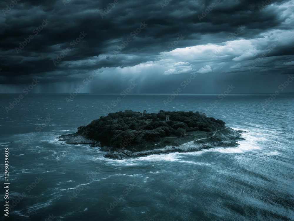 Obraz premium secluded island surrounded by stormy skies and turbulent waters evokes sense of mystery and isolation