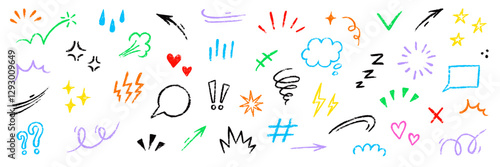 Line movement element hand drawn chalk effect decoration shape. Hand drawn cute doodle line element arrow, emphasis, shock, sparkle. Motion cartoon movement chalk icon. Vector illustration