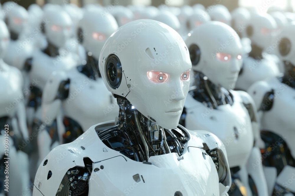 Fototapeta premium A line of humanoid robots with red illuminated eyes, emphasizing their futuristic design and technology-driven existence.