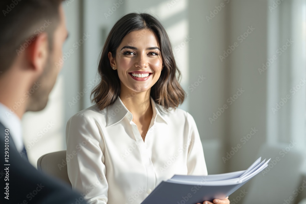 Professional woman smiling during a business meeting in an office setting. Professional woman smiling during a business meeting in an office setting.