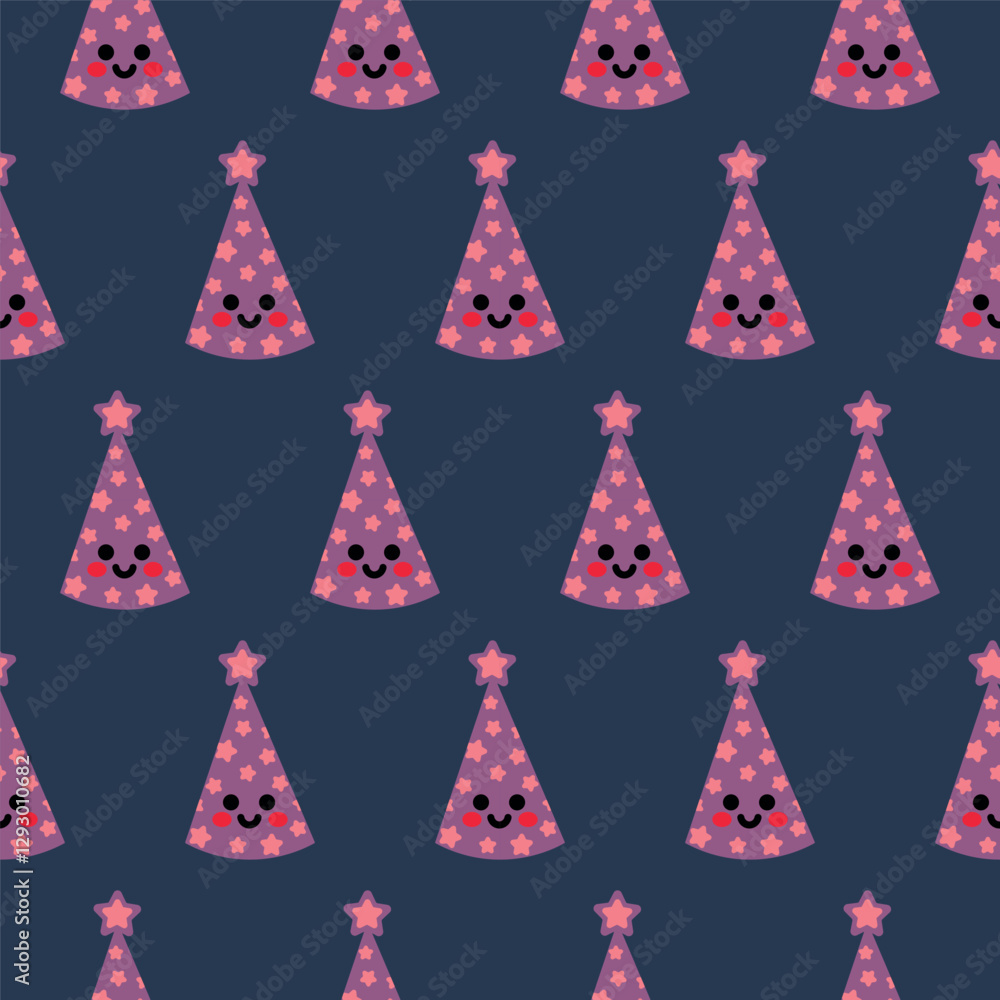 Seamless Pattern of Smiling Pink Party Hats with Stars on Blue Background Seamless Pattern of Smiling Pink Party Hats with Stars on Blue Background