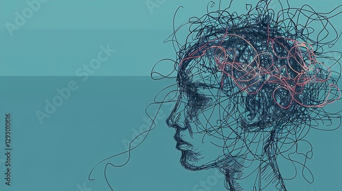 Tangled scribble doodle vector illustration of an empty head with messy lines inside, representing abstract thoughts, confusion, and complex mind concepts